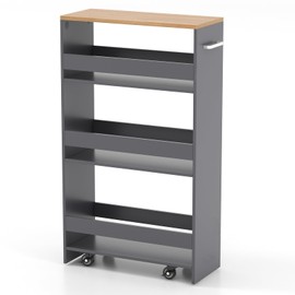 POWERSTONE 4-Tier Slim Storage Cart, Narrow Kitchen Rolling Cart w/Handle & Open Shelves, Skinny Slide Out Utility Organizer Trolley for Kitchen Bathroom Laundry Small Spaces Grey & Natural