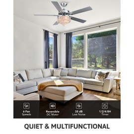 VONLUCE Ceiling Fans with Lights and Remote, 52" Crystal Ceiling Fan with 5 Blades, 6-Speeds Noiseless Reversible DC Motor for Farmhouse Bedroom Indoor, Nickel