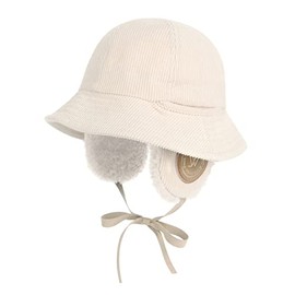 Corduroy Earmuff Bucket Hat Sunny Ear Flaps Chin Strap Trapper Trooper Hat Ivory
