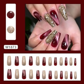 Long Press On Nails Coffin Shape Glitter Gold Fake Nails Cat-Eyes Nails Press Ons Dark Red False Nails With Designs Full Cover Nail Tips Acrylic Glue On Nails Spring Stick On Nails DIY Manicure 24PCS