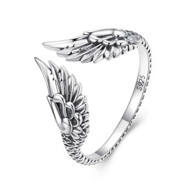 BISAER 925 Sterling Silver Ring Adjustable Cute Unique Cat Snake Butterfly Dragonfly Fashionable Ring For Women Jewelry (Silver Angel Wings)