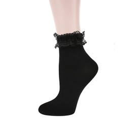 Benefeet Sox Womens Ankle Socks Girls Cute Lace Ruffle Anklet Socks Kawaii Frilly Princess Dress Sock Casual Low Cut Cotton Sock with Ruffle, Black