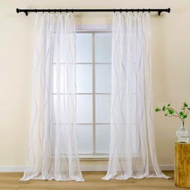 L.Z.E Grey and White Sheer Curtains for Living Room 58 Drop Pencil Pleat Light Gray Wave Pattern Curtains for Bedroom Kitchen Bay Windows 145 cm Short Transparent Linen Look Window Sheers 2 Panels Set