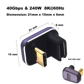 Kework 2 Pack USB 4.0 Type C Extension Adapter with LED Light, 40Gbps U Shape USB C Male to USB C Female Extender, 240W 5A PD Fast Charging Adapter, 8K@60Hz Video Display