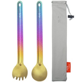 TiTo 2Pcs Titanium Spork Ultralight Long Handle Spoon Fork Portabale Tableware for Outdoor Camping & Hiking Backpacking Flateware with Bag (Bright Colorful)