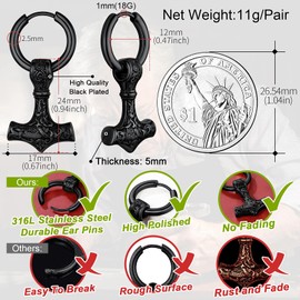 Mens Earrings Viking Jewellery Thors Hammer Ear Charm Hinged Hoop Earring Stainless Steel Punk Gothic Black Mjolnir Earrings Norse Mythology Gifts for Father Husband