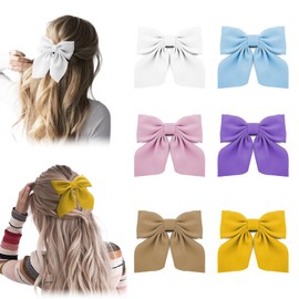 Silky Satin Hair Bows for Women 6Pcs Soft Hair Ribbon Hair Bow Cute Medium Bow Hair Clips Hair Accessories for Girls - Neutral Colors B