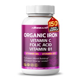 NESSARIT Organic Iron High Potency with Vitamin C, Folic Acid - High-Absorption Formula Vitamin B1, Vitamin B6, Vitamin B12 - Support Blood Building - 150 Count