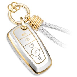 CTRINEWS for Ford Key Fob Cover with Upgraded Anti-lost Luxury Keychains, Fashionable Matte Metallic Silver Soft Case for Fusion Mustang F150-350 Explorer(5 Button) (Gold, B)