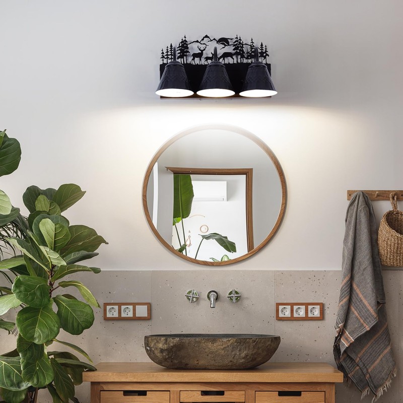 Rustic 3-Light Black Vanity Light Fixtures with Deer Design, E12
