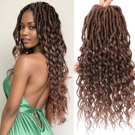 18 Inch New Faux Locs With Curly Ends Bohemian Goddess Locs Crochet Hair 8 Packs Synthetic Hair Extension Crochet Hair for Women Brown Color