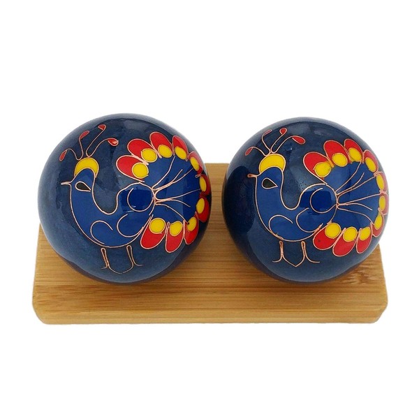 Top Chi Peacock Baoding Balls with Bamboo Stand. Chiming Chinese Health Balls for Hand Therapy, Exercise, and Stress Relief (Medium 1.6 Inch)