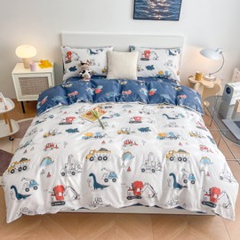LAYENJOY Dinosaur Duvet Cover Set Twin Size, 100% Cotton Bedding, Cartoon Jurassic Animal Truck Construction Print on White, 1 Cute Comforter Cover with Zipper 2 Pillowcases for Kids Teens Boys Girls