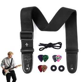 AzureRay Guitar Strap for Electric Guitar & Acoustic Guitar, Adjustable Guitar Strap, 5 cm Wide, Cotton with PU Leather Ends, Universal Guitar Strap, Electric Guitar Bass, Black