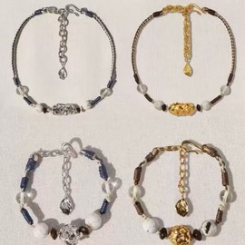 New Small Pendant Pearl Necklace & Bracelet Set - Bohemian Holiday Collarbone Style Chain Gold Necklace 2ea