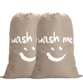 IHOMAGIC Pack of 2 Large Laundry Bag with Drawstring, 120L Washing Bag - Foldable Clothes Bag, Smile Washing Bag Blanket Quilt Bag Durable Fabric Storage Bag for Dorm Hotel Home 61x92cm (Khaki)