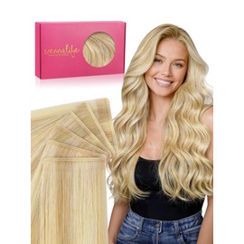 WENNALIFE Genius Seamless Tape in Hair Extensions Real Human Hair, 18 Inch 50g 20 pcs Light Blonde Highlighted Golden Blonde Tape in Hair Extensions Remy Hair Luxury Invisible Straight Hair Hand Tied