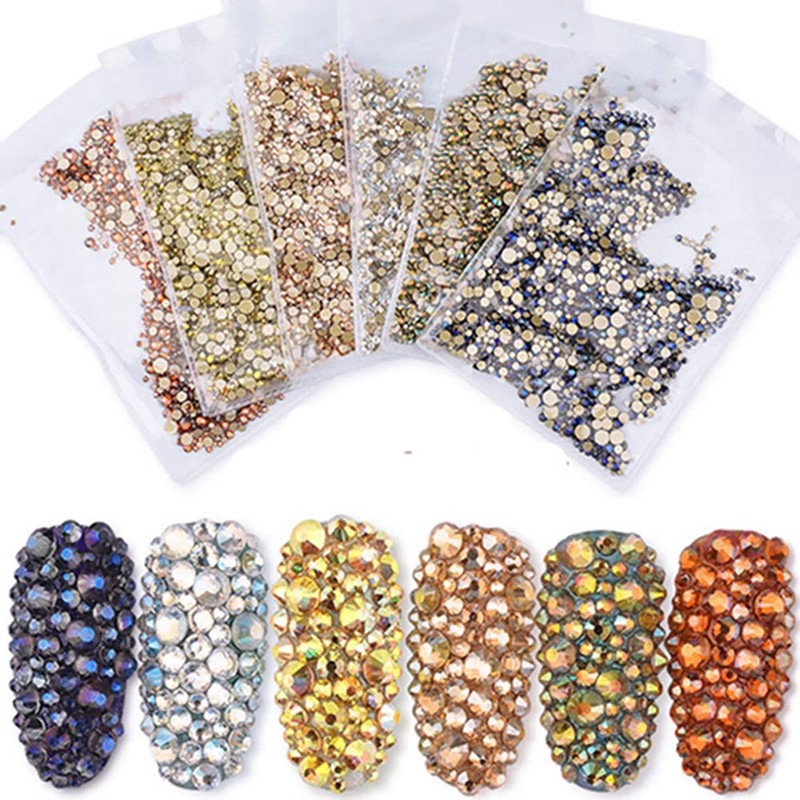 Egurs Nail Rhinestones Round Crystal Flat Back Gems, 6 Mix