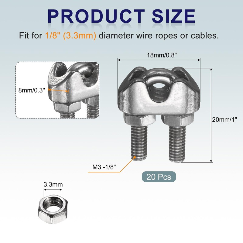 sourcing map 20 Pcs M3 Stainless Steel Wire Rope Clip