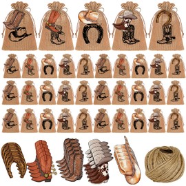 50 Set Cowboy Burlap Gift Bags with Boot Horseshoe Shape Tags 4 x 6 Inch Cowboy Goodie Bag Cowgirl Party Bags for Baby Shower Western Cowgirl Wedding Bachelorette Party Favors Birthday Supplies