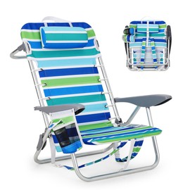 GarveeLife Backpack Beach Chair for Adults, Lightweight Portable Lay Flat Folding Beach Chair with 5 Reclining Positions, Backpack Straps, Phone Pocket, Cup Holder & Towel Bar, Support to 300LBS