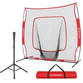 VIVOHOME Baseball Softball Batting Net - 7x7 Ft Baseball Backstop, Softball Practice Net for Hitting, Pitching, Throwing with Batting Tee and Carry Bag, Red