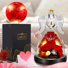 FIVE MEN Mothers Day Rose Gifts for Mom Grandmas, 7" Glass Angel Figurines with Real Rose Gifts for Her, Preserved Flower Rose with Lights for Women Mother's Day Anniversary Birthday Gift (Purple)