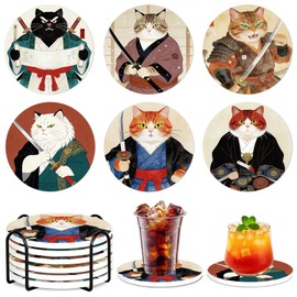 Funny Cat Coasters Set of 6, Japanese‌ Anime Cat Round Ceramic Drink Coasters with Holder Cork Backing Absorbent Coffee Table Protection, Christmas House Warming Gifts