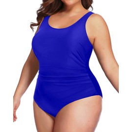 Daci - Traje de baño de una pieza para mujer, talla grande, control de barriga, traje de baño atlético fruncido,, Azul Real, X-Large