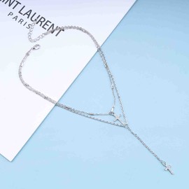 Erimberate Bohemian Layered Cross Necklace Paved Cross Y lariat Necklace Vintage Crystal Cross Y Necklace Choker Long Silver Cz Cross Pendant Necklace Jewelry for Women and Girls