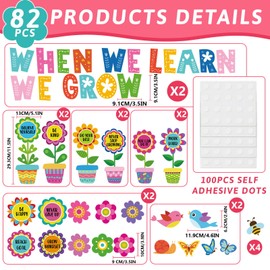 Jacyan 82Pcs Spring Flower Growth Mindset Bulletin Board Set Classroom Decorations When We Learn We Grow Floral Cutouts Positive Sayings Colorful Flower Cutouts for Kids School Home Offices Supplies