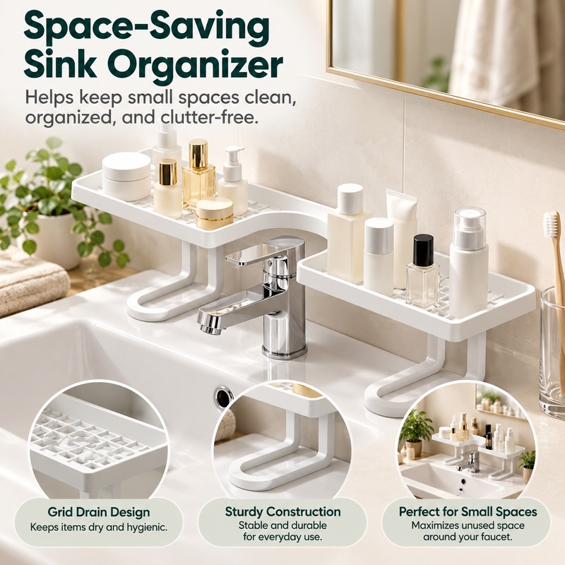 50cm Over-Faucet Sink Shelf for Bathroom Storage – No-Drill Quick-Drain