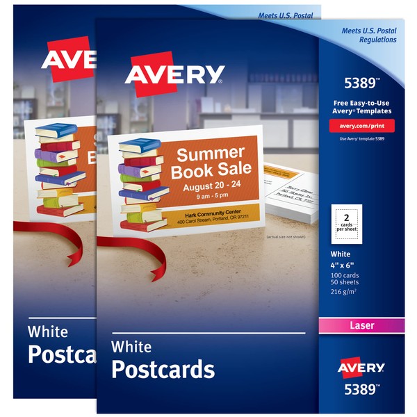 Avery Printable Cards with Sure Feed Technology, 4" x 6", U.S. Postcard Size, Laser, 2-Pack, 100 Cards Per Pack, 200 Blank Postcards Total (15389)