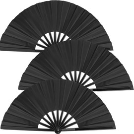 NKG 3 Pack Large Folding Hand Fan, Balck Chinese Kung Fu Tai Chi Fan Nylon-Cloth Fan for Men and Women Performance, Dance, Decorations, Festival, Gift (3, Black)