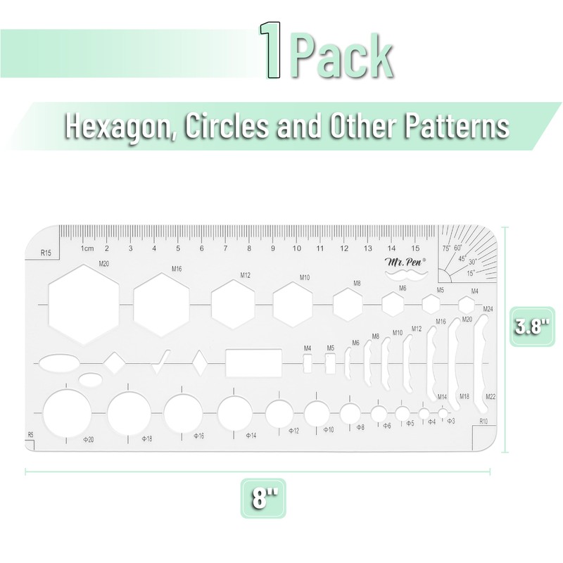Mr. Pen- Geometric Drawing Template, Hexagon & Circles, Plastic Template