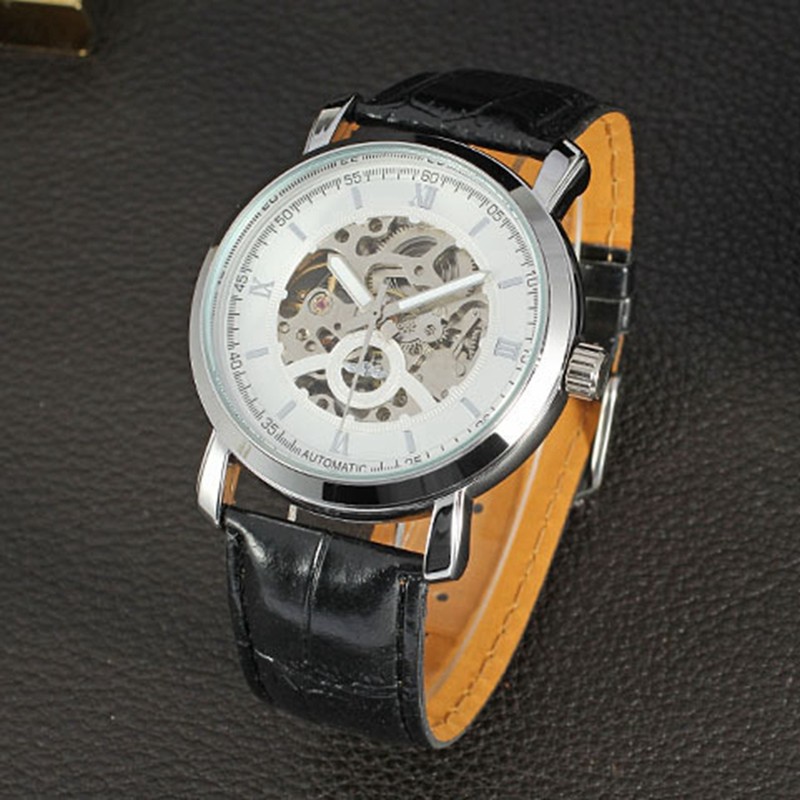 Winner Calendar Hollow Automatic Mechanical Movement Causal Men Wristwatch(White Gold)