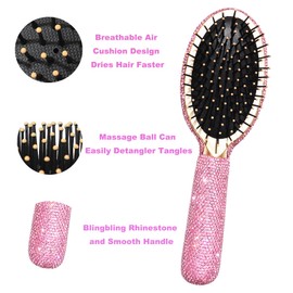 1 Pack Rhinestone Hair Brush Detangling Bling Detangle Massage Sparkle Compact Comb Crystal Air Cushion for Women Wet Dry (All Pink-Round)