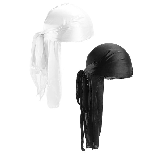 2 Pieces Durag, Ultra Soft and Wrinkle-Free Satin Silky Durag Caps, Elastic Cap, Long Tail, Premium Velvet Durags for Men and Women, Ultra Soft, Comfortable and Fashionable Everyday Accessory, White