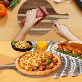 FRTIM Acacia Wooden Round Cutting Board with Handle, Serving Board and Dining Board Round with Handle, Charcuterie Serving Boards for Cheese Board, Meat, Vegetables, Bread, Christmas gift-17 Inches