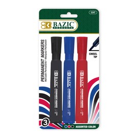 BAZIC Assorted Color Chisel Tip Permanent Markers Pens Marcador, Coloring on Plastic Wood Glass, Art School Office (3/Pack), 1-Pack