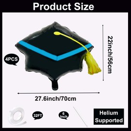 4 Pieces 22 Inches Black Graduation Cap Balloons, Large Academic Cap Shaped Mylar Foil Balloons with Tassel Design, Grad Hat for Class of 2025 Graduation Ceremony or Party Decorations