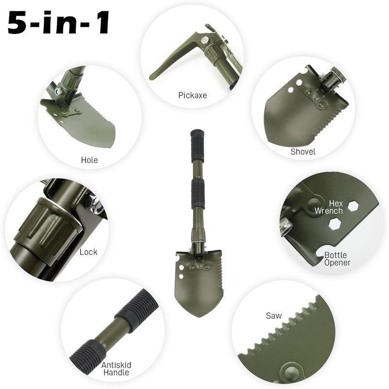 2-Pack Black & Green Folding Camping Shovels, Carbon Steel Multi-Tool