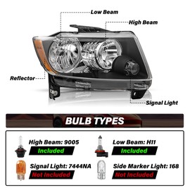 Bingbingmotor BRYGHT- [Factory Halogen Style ] Headlights Assembly Fit for 2011 2012 2013 Jeep Grand Cherokee, 2011-2017 Compass Headlamps Replacement with Bulbs(Black Housing with Amber Reflector)
