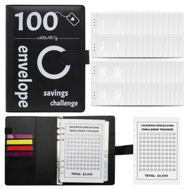 FuninCrea 100 Envelopes Saving Challenge A5 Money Saving Wallet with Cash Envelope and Tracking Label, Budget Binder Savings Binder Leather Cash Stuffing Wallet Fun to Budget Planners (Black, A5)