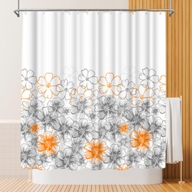RyounoArt Orange Flower Shower Curtain Grey and Orange Floral Bathroom Decor with Hooks 72"×72"