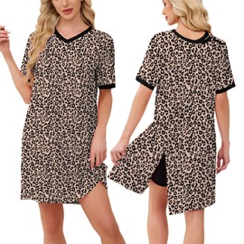 Chunoy Hospital Gowns for Women Short Sleeve Button Open Back Nursing Gowns Post Surgery Dress Nightgown Leopard Large