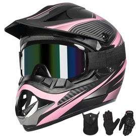 Yesmotor Youth Dirt Bike Helmet Quick Release Buckle - Dirt Bike Helmets Adult ATV Helmet (Gloves Goggles Mask) 4Pcs Set - DOT Approved（Pink,M）