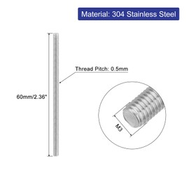 QUARKZMAN 8 Pieces Threaded Rods, M3 x 60 mm, 304 Stainless Steel, Threaded Rod with Metric Full Thread, M3-0.5 Thread Pitch for Furniture and Machine Assembly