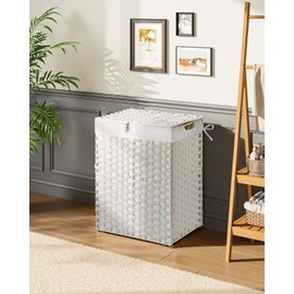 Greenstell Laundry Hamper with 2 Removable Liner Bags，90L Divided Clothes Hamper, Handwoven Synthetic Rattan Foldable Laundry Basket with Lid and Handles White (18.5 x 13.3 x 24.0Inches)