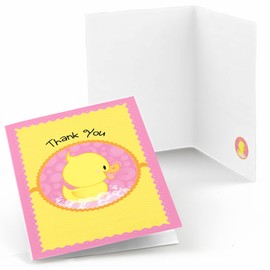 Big Dot of Happiness Pink Ducky Duck - Girl Baby Shower or Birthday Party Thank You Cards (8 count)